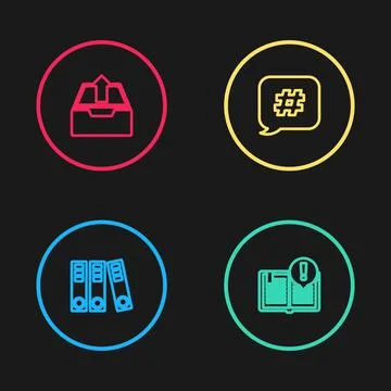 Set line Office folders, Interesting facts, Hashtag speech bubble and Upload Stock Illustration