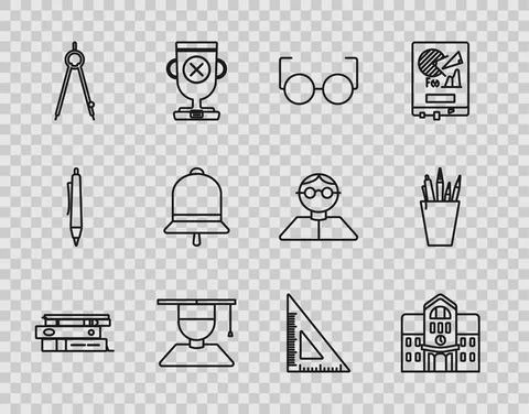 Set line Office folders with papers and documents, School building, Glasses Ilustración de archivo