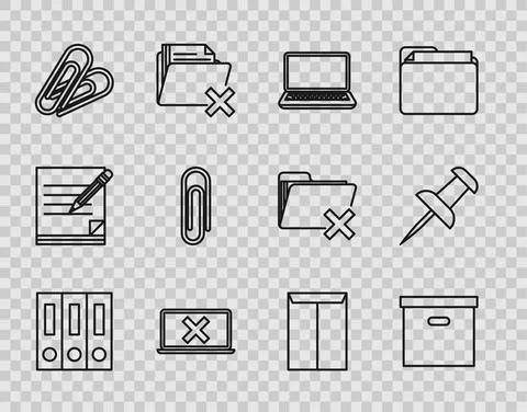 Set line Office folders with papers and documents, Carton cardboard box, Laptop Stock Illustration