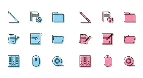 Set line Office folders with papers and documents, Computer mouse, Pen line Stock Illustration