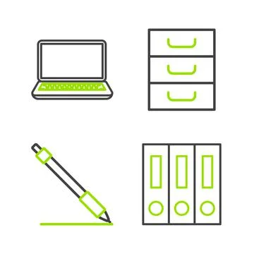 Set line Office folders with papers and documents, Pen line, Drawer and Laptop Stock Illustration