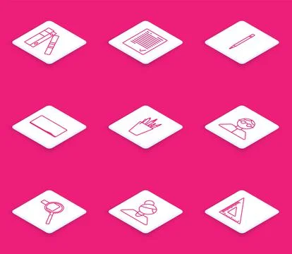 Set line Office folders with papers and documents, Exam sheet check mark, Pen Stock Illustration