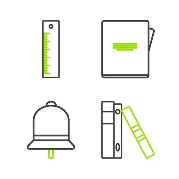 Set line Office folders with papers and documents, Ringing bell, Notebook and Stock Illustration