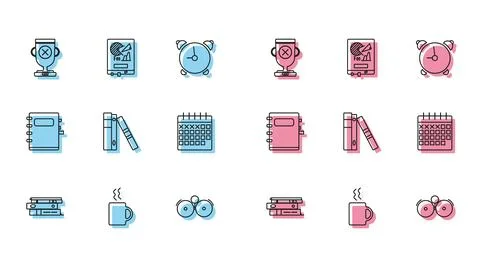 Set line Office folders with papers and documents, Coffee cup, Award, Ringing Stock Illustration