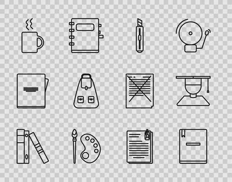 Set line Office folders with papers and documents, Notebook, Stationery knife 스톡 일러스트