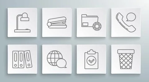 Set line Office folders with papers and documents, stapler, World map made .. Stockillustratie