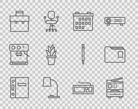 Set line Office folders, Printer, Calendar, Table lamp, Briefcase, Plant pot, Illustrazione stock