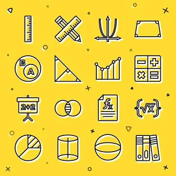 Set line Office folders, Square root of x glyph, Calculator, Graph, schedule Stock Illustration