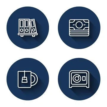 Set line Office folders, Stacks paper money cash, Cup of tea and Safe with long Stock Illustration