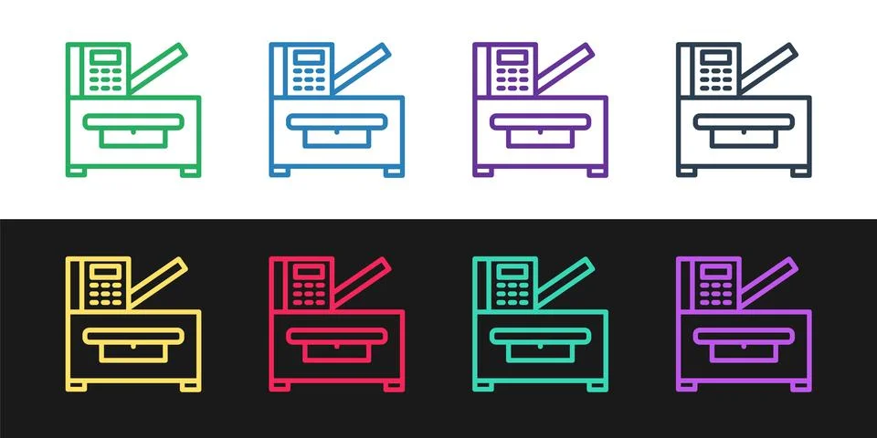 Set line Office multifunction printer copy machine icon isolated on black and Stock Illustration