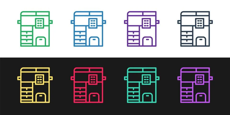 Set line Office multifunction printer copy machine icon isolated on black and Stock Illustration