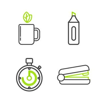 Set line Office stapler, Briefcase, Marker pen and Cup of tea and leaf icon.  Stock Illustration