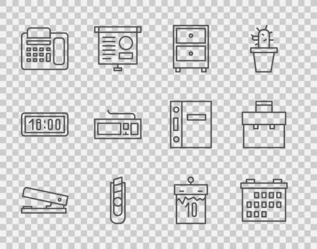 Set line Office stapler, Calendar, Drawer with documents, Stationery knife,.. Stock Illustration