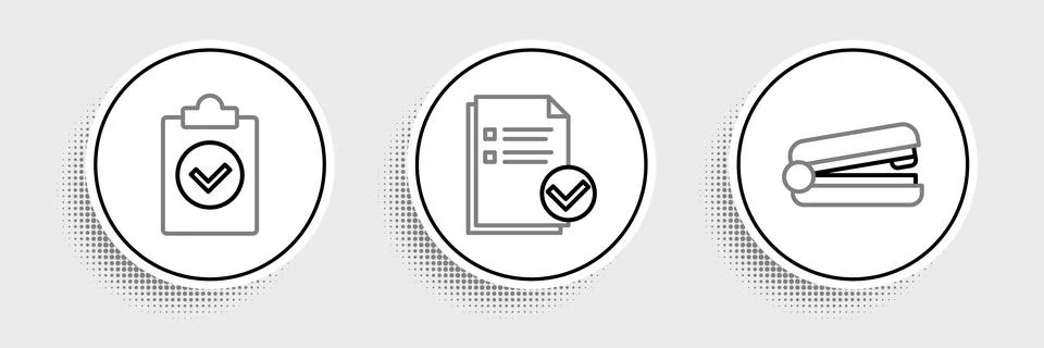 Set line Office stapler, Completed task and Document and check mark icon. Vector Stock Illustration
