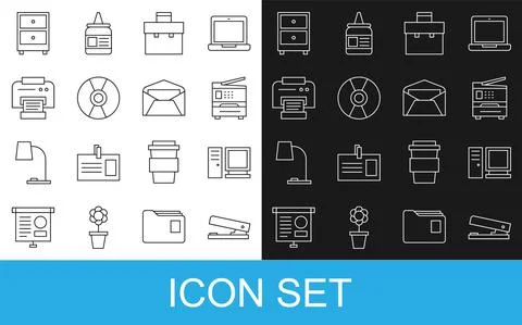 Set line Office stapler, Computer monitor, Printer, Briefcase, CD DVD disk Stock Illustration