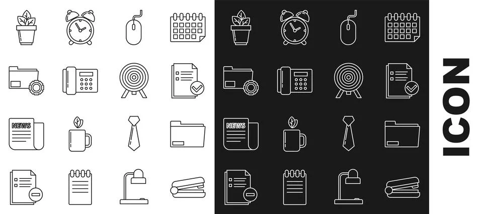 Set line Office stapler, Document folder, and check mark, Computer mouse Stock Illustration