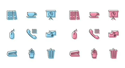 Set line Office stapler, Flowers in pot, folders with papers and documents Stock Illustration