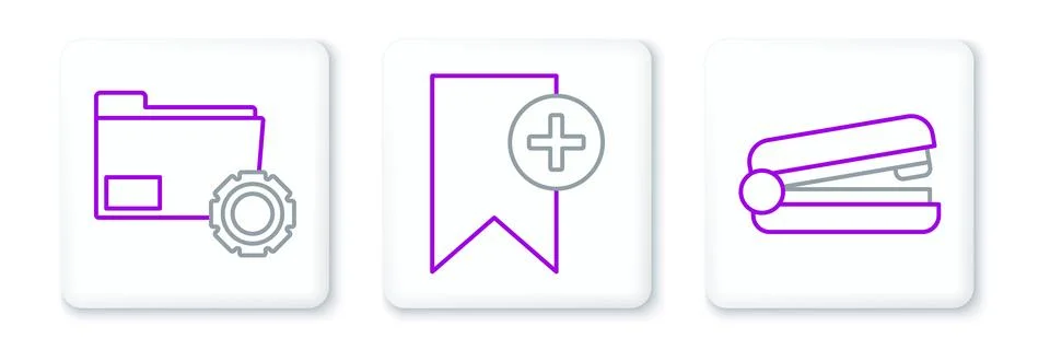 Set line Office stapler, Folder settings with gears and Bookmark icon. Vector Stock Illustration