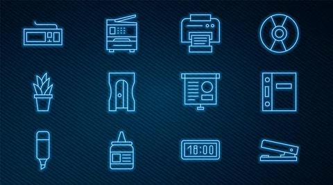 Set line Office stapler, folders, Printer, Pencil sharpener, Plant pot, Keyboard Stock Illustration
