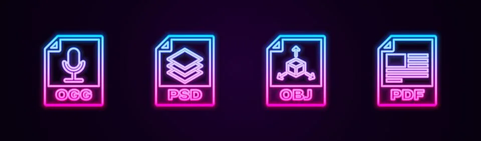 Set line OGG file document, PSD, OBJ and PDF. Glowing neon icon. Vector 스톡 일러스트