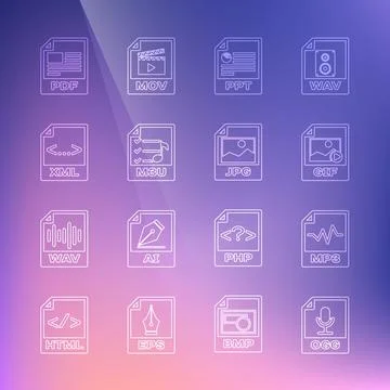 Set line OGG file document, MP3, GIF, PPT, M3U, XML, PDF and JPG icon. Vector Illustrazione stock