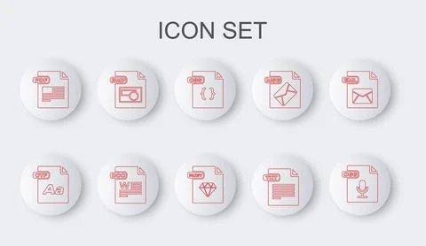 Set line OGG file document, OTF, CSS, TXT, PDF, BMP, DOC and RUBY icon. Vecto Stock-Illustration