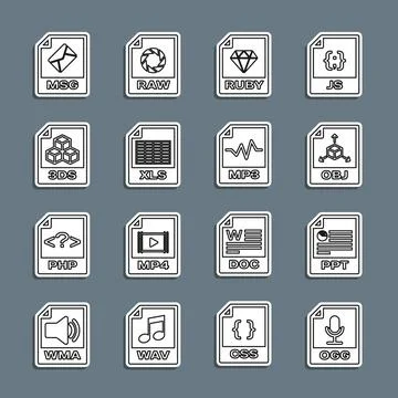 Set line OGG file document, PPT, OBJ, RUBY, XLS, 3DS, MSG and MP3 icon. Vector Illustrazione stock