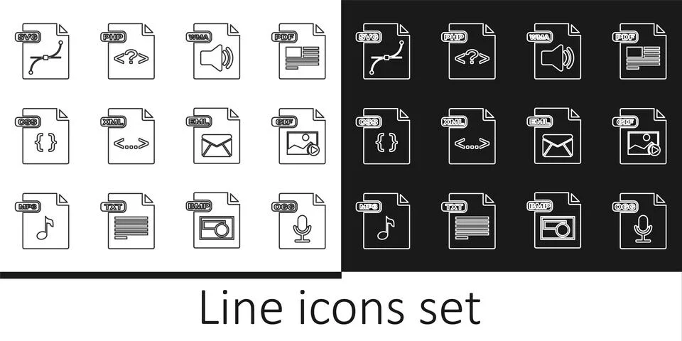Set line OGG file document, GIF, WMA, XML, CSS, SVG, EML and PHP icon. Vector Stock Illustration