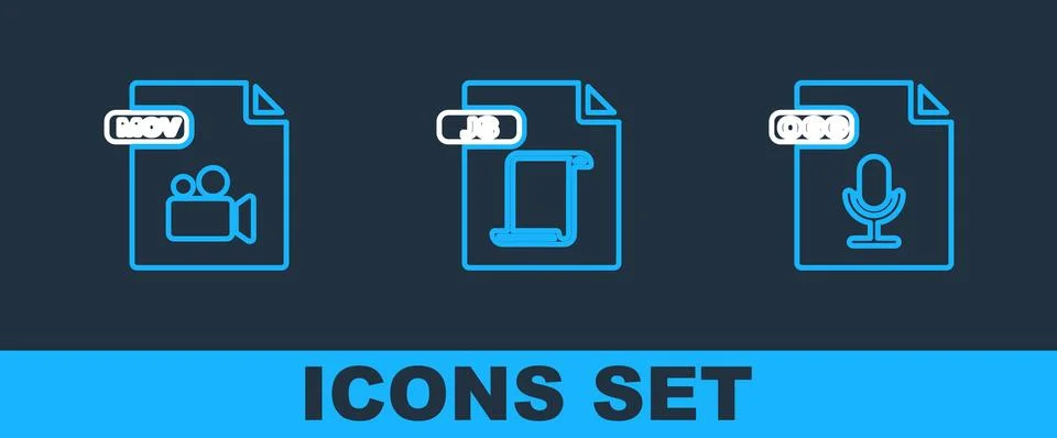 Set line OGG file document, MOV and JS icon. Vector Stock Illustration