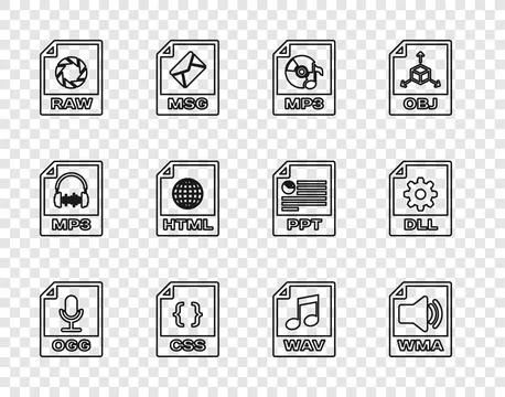 Set line OGG file document, WMA, MP3, CSS, RAW, HTML, WAV and DLL icon. Vecto Illustrazione stock