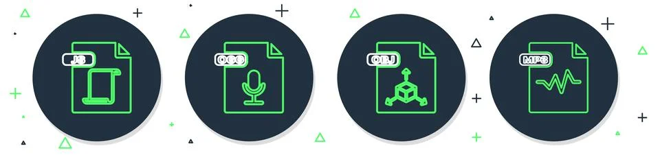 Set line OGG file document, OBJ, JS and MP3 icon. Vector Stock Illustration