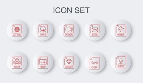 Set line OGG file document, 3DS, WMA, OTF, HTML, MP3, GIF and RUBY icon. Vect Stockillustratie