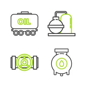Set line Oil and gas industrial factory building Industry metallic pipes valv Ilustración de archivo