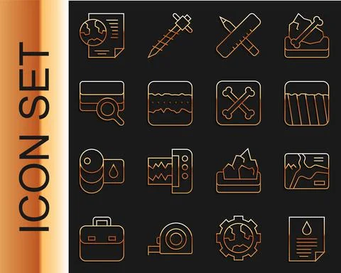 Set line Oil drop document, Topographic map, Ground, Crossed ruler and pencil Stock Illustration