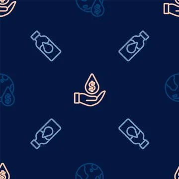 Set line Oil drop with dollar symbol, petrol test tube and on seamless pattern 스톡 일러스트