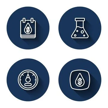 Set line Oil drop with dollar symbol, petrol test tube, Motor gas gauge and with Stock Illustration