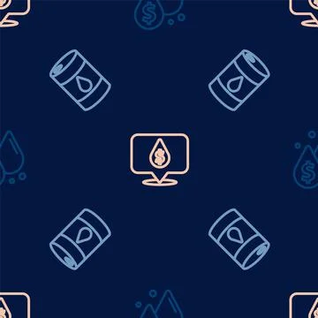 Set line Oil drop with dollar symbol, Barrel oil and on seamless pattern. Vector Stock Illustration