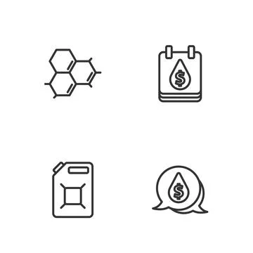Set line Oil drop with dollar symbol, Canister for gasoline, Molecule oil and Illustration