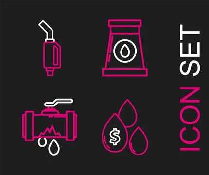 Set line Oil drop with dollar symbol, Broken metal pipe leaking water, and .. Ilustración de archivo