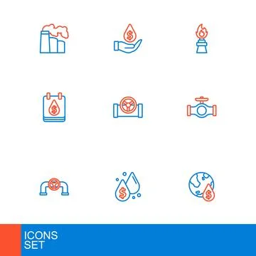Set line Oil drop with dollar symbol, pipe valve, rig fire and  icon. Vector Stock Illustration