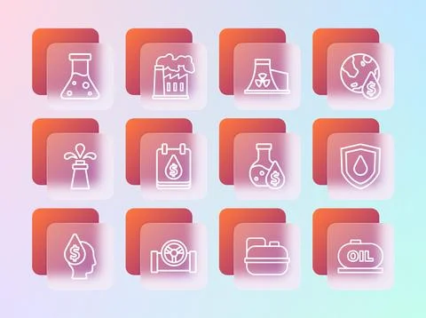 Set line Oil drop with dollar symbol, pipe valve, petrol test tube, Caniste.. Illustrazione stock