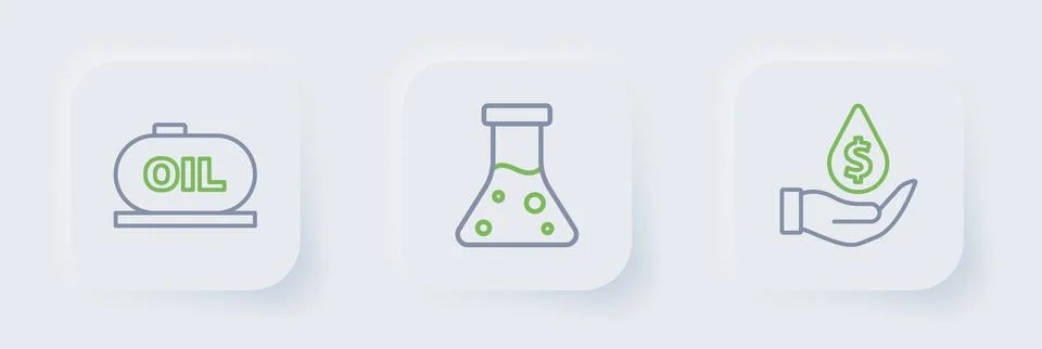 Set line Oil drop with dollar symbol, petrol test tube and tank storage ico.. Illustrazione stock
