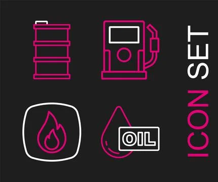 Set line Oil drop, Fire flame, Petrol or gas station and Barrel oil icon. V.. Stock Illustration