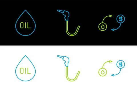 Set line Oil exchange, drop and Gasoline pump nozzle icon. Vector Stock Illustration