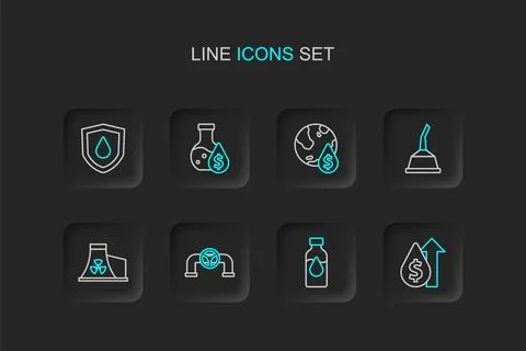 Set line Oil price increase, petrol test tube, pipe with valve, Nuclear pow.. Illustrazione stock