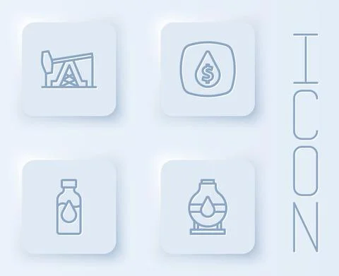 Set line Oil pump or pump jack, drop with dollar symbol, petrol test tube and Stock Illustration