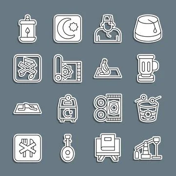 Set line Oil pump or pump jack, Ramadan drum, Medieval goblet, Muslim man Stock Illustration
