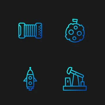 Set line Oil pump or pump jack, Rocket ship, Accordion and Moon with flag Illustrazione stock
