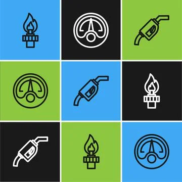 Set line Oil rig with fire, Gasoline pump nozzle and Motor gas gauge icon Stock Illustration