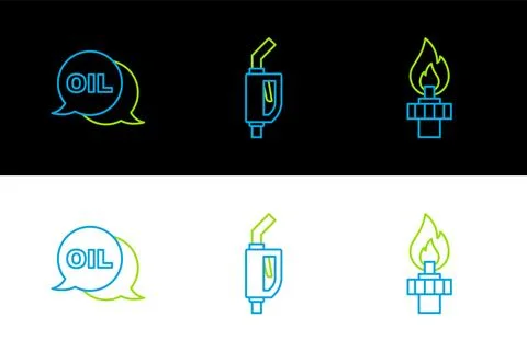 Set line Oil rig with fire, Word oil and Gasoline pump nozzle icon. Vector Stock Illustration